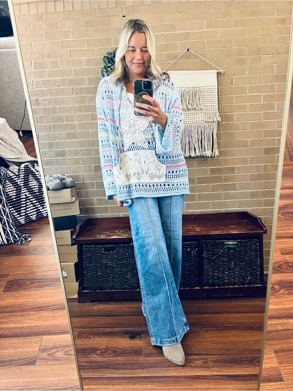 POL Light Blue Crochet Hoodie with Cream Star and Multicolor Stripes